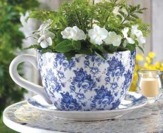 Cottage Chic Blue Roses Large Tea Cup & Saucer Planter  