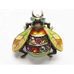   Crystal Enamel Wings Housefly Bee Bug Beetle Orange Green Brooch Pin