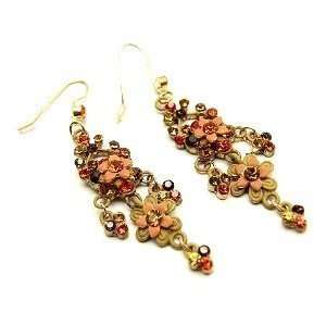   , Brown, Yellow Austrian Crystal Flower Gold Tone Earrings, 2.5 Drop