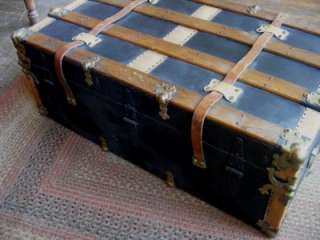 Antique OLD Steamer Black Storage TRUNK CHEST w/wood slats &leather 