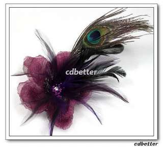 Women Fabric Flower Style Layered Feather Decor Brooch Pins Hair Clips 