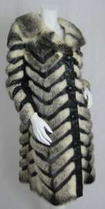 FURS BY MICHEL Vintage Chevron White Fox Fur & Black Leather Coat XS S 