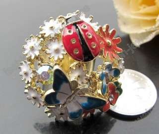 Gold Plated Colorful Glazed Butterfly Crystal Flower Adjustable Ring 