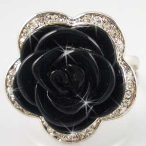Size 8 Black rose Silver Gold Plated cocktail ring R112  
