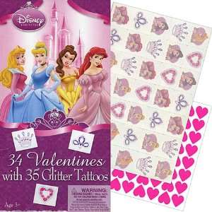  Disney Princess Valentines Day Cards 34ct with 35 Glitter 