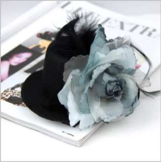 Black mini top hat with big grey flower fascinator cute  