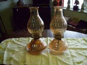 Hexoptic Amber Colored Glass Hurricane Oil Lamps  