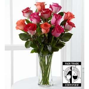   Day Dawning Fair Trade Rose Flower Bouquet   12 Stems   Vase Included