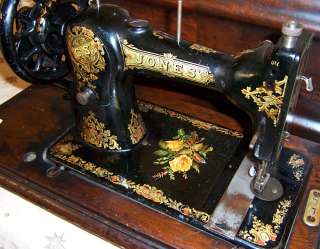 1890s Jones Hand Crank Sewing Machine Family CS Yellow Rose bed 