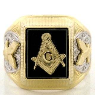   Gold Two Tone Mens Square Onyx Masonic Ring by Jewelry Liquidation