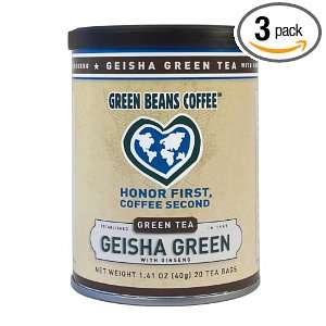 Green Beans Coffee Geisha Green with Ginseng Green Tea, 20 Count Tea 