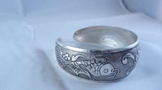   wide ornate Silver CUFF Bracelet KOI FISH etched design LOOK  