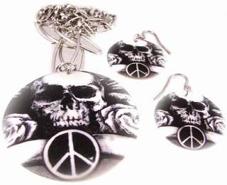 Tattoo Skull & Peace Sign Shell Necklace & Earrings Set  