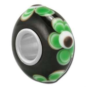   14mm Black with Green Flowers Large Hole Glass Beads Jewelry