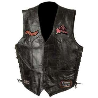 Ladies Womens Black Leather Motorcycle Vest w/ Patches  