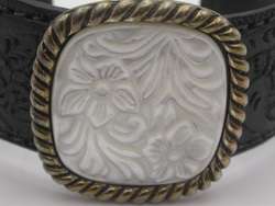 CAROLYN POLLACK LEATHER CUFF BRACELET w/ STER SILVER & CARVED MOTHER 