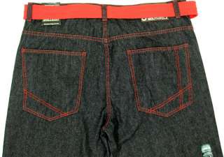 Mens South Pole Jeans Black Red Stitched w/ Belt 42x34  