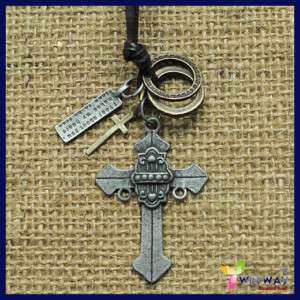 Men Rings Dog TAG Leather Chain Cross Pendant Necklace  