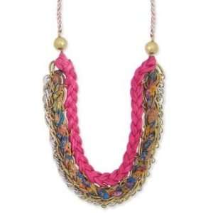 ZAD Unique Triple Chain Hot Pink Braided Fashion Bib Necklace Gold 