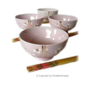 Set 4 Cherry Blossom Japanese Rice Bowls & Chopsticks  