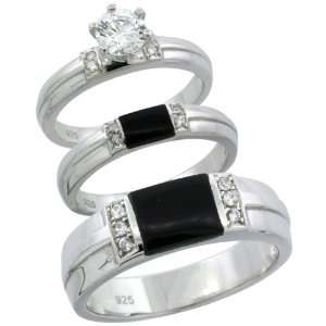   Black Onyx Trio Wedding Ring Set CZ Stones Rhodium Finish, Ladies Size