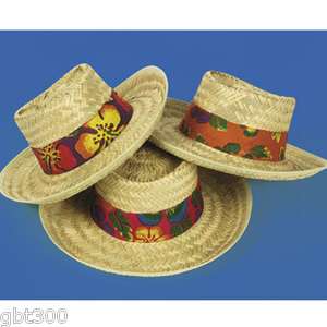 12 Straw Hats Hibiscus Band Beach Hawaiian Luau Party Decor Favors 