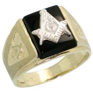 10K Gold Mens Masonic Ring, w/ Rectangular Black Onyx & Brilliant Cut 