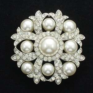   Crystals Wedding Faux Pearl Floral Clear Flower Brooch Pin 2.0  