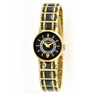 Elgin Womens EG353 Gold tone Black Ceramic Crystal Accented Watch