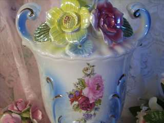 Beautiful Shabby 3D Pink & Yellow Roses Ceramic Vase