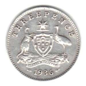  1936 Australia Threepence Coin KM#24   92.5% Silver 