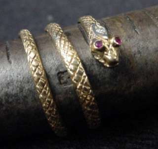   Coiled Snake Ring Yellow Gold Ruby Eyes Diamond on Head Coil  