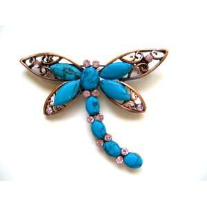   Turquoise Rose Pink Crystal Rhinestone Dragonfly Costume Pin Brooch