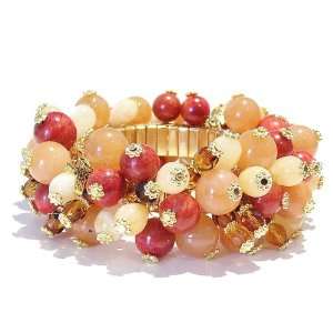 Gold, Stretch Cha Cha Bracelet w/ Red Aventurine, Coral, Honey Jade 