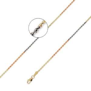 14K Solid TriColor Gold DC Diamond Cut Rope Chain Necklace 1.5mm (3/64 