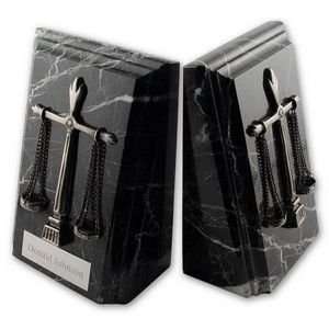  Black Marble Legal Bookends with Antique Silver Scales of 